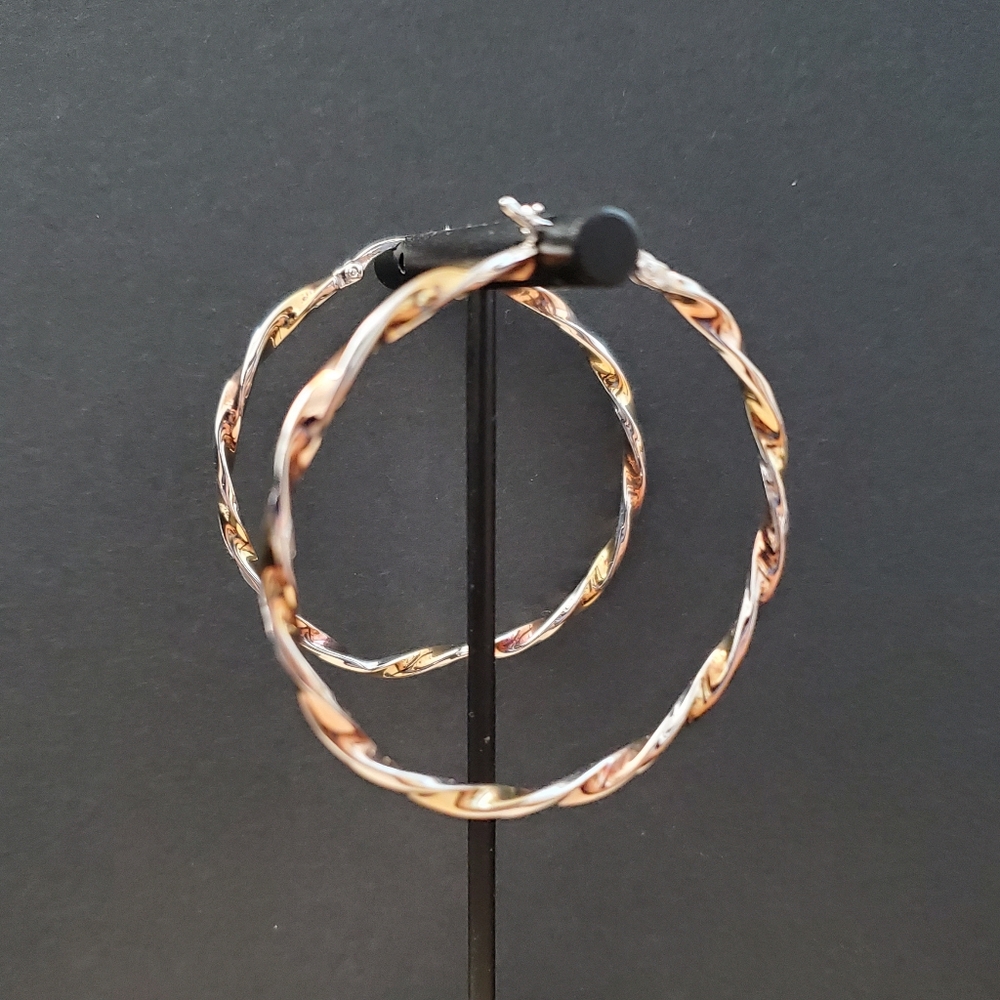 Sterling Silver 925 Two Tone Twisted Hoop Earrings - Picture 3 of 9